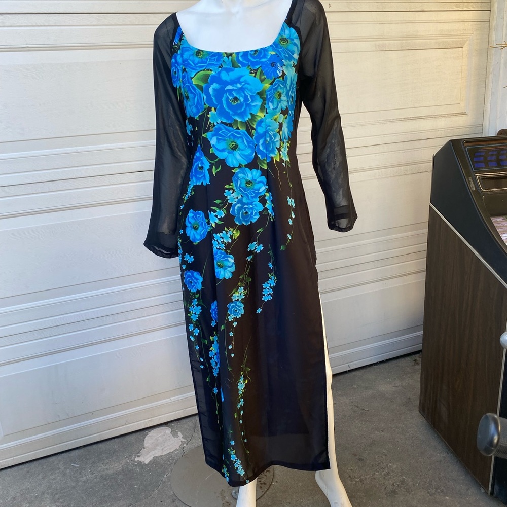 Ladies Asian sheer floral tunic dress blouse maxi boho eccentric